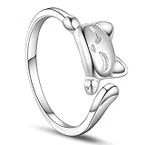 SHEGRACE Women's 925 Sterling Silver Rings, Cute Cat Design Opening Finger Ring, Lovely Kitty Ring (Silver)