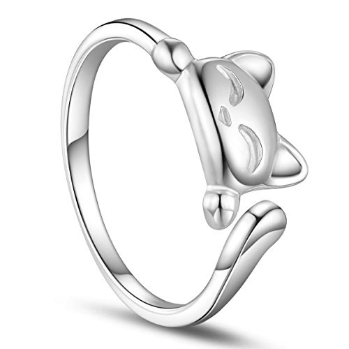 SHEGRACE Women's 925 Sterling Silver Rings, Cute Cat Design Opening Finger Ring, Lovely Kitty Ring
