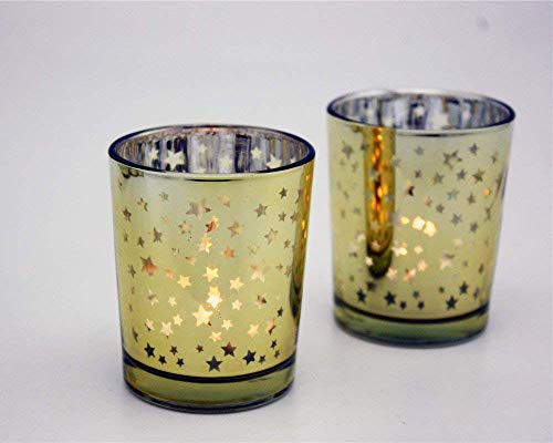 Candle Holder for Home Decor Wedding Party Celebration Laser Cut Mercury Glass 2.55-inch Tall Set of 6 (Gold Star)