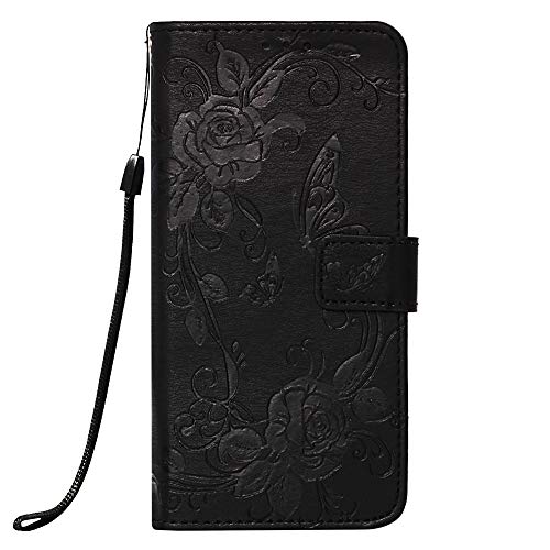 Funyye Wrist Strap Leather Cover for Samsung Galaxy S10,Black Magnetic Flip Butterfly Embossing Flower Pattern Folio Wallet Case with Stand Credit Card Holder Slots Case for Samsung Galaxy S10