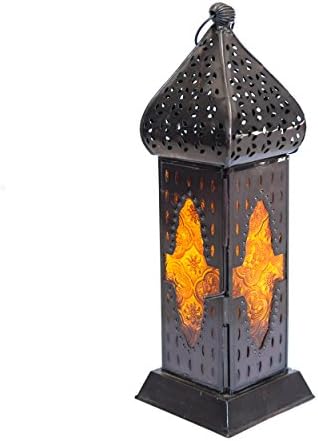 Insideretail Moroccan Style Lantern with a Black Antique Finish and Orange Glass, 9 by 9 by 30cm, Set of 2