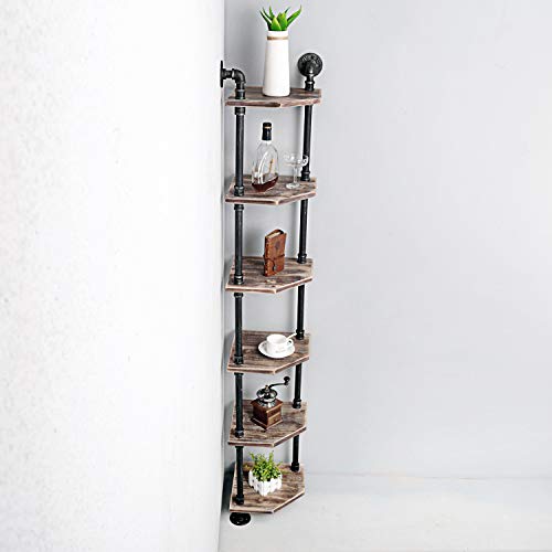 Weven 6-Tier Industrial Pipe Corner Shelves Modern/Rustic Book Shelves with Real Wood,Corner Bookshelf Display Stand,Metal Standing Home Decor Shelf Units - Thumbnail 6