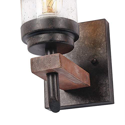 Eumyviv Rustic Wood Wall Sconce with Seeded Glass Shade, Vintage Industrial Hardwire Bathroom Light Log Cabin Home Retro Edison Wall Light Fixtures 1-Light, Black (17804)