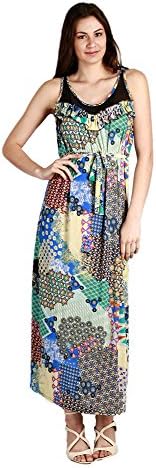 Exppozz Women's Maxi Dress - Tank Top Casual Bohemian Dress With Sheer Mesh Top and Ruffled Scoop Neck - Green and Yellow Size Small