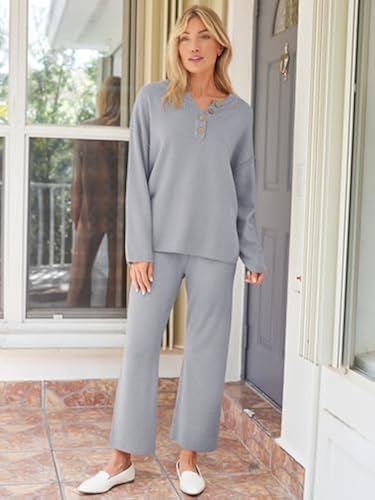LILLUSORY Damen 2-teiliges Set - Gestreifter Strickpullover & Hose, Lounge Wear Für Herbst 2025