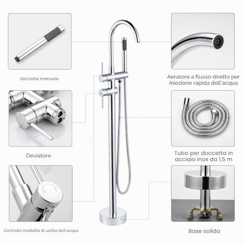 ARCORA Floor Bathtub Tap, Freestanding Bathtub Mixer, Pillar Bathtub Tap with Hand Shower, 360° Swivel, Copper and Stainless Steel, Ceramic Cartridge, Chrome