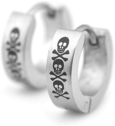 Sirius Jewelry Men Earrings Hallowmas Skull Punk Silver Pair Stainless Steel Huggie Hoop Set