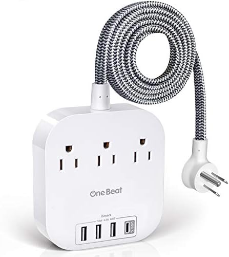 Energy Strip with USB C, 3 Shops 4 USB Ports (22.5W/4.5A) Desktop Charging Station, Flat Plug, 5ft Braided Extension Wire, Non Surge Protector for Journey, Cruise Ship, ETL Listed