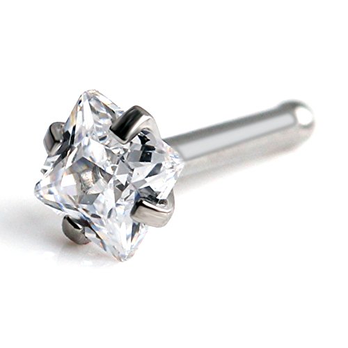Ruifan 1PC 18G 316L Surgical Steel 2mm Clear Square Diamond Cubic Zirconia Crystal Nose Bone Studs Rings Pin Piercing Jewelry - Steel