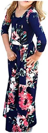 Anxinke Spring Summer Kids Girls Floral Printed Long Sleeve Round Neck Maxi Dress (Navy, 5T)