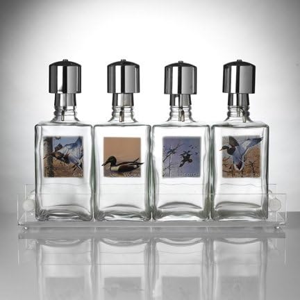 Amazon Com Liquor Decanter Bar Set With Chrome Pump Dispensers And Acrylic Tray Rustic Lodge Liquor Decanters