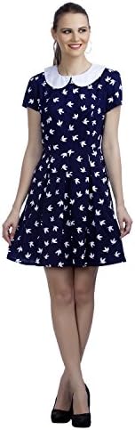 PepTrends Women's Blue and White Poly Crepe Peter Pan Collar Dress(Small to XL)