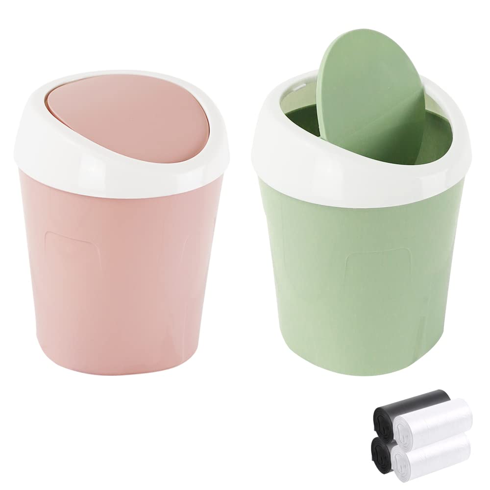 QLFJ-FurDec 2PCS Plastic Mini Wastebasket Bathroom Bins with Swing Lid and 4 Rolls Bin Liners, Desk Compact Design Cosmetic Bin for Home, Office, Vanity Tabletop, Bedroom