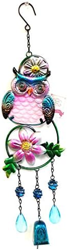 Bejeweled Display Pink Owl w/Stained Glass Wind Chime Tubes & Bell