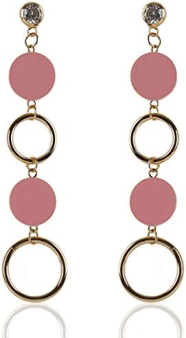 Large Round Wooden Dangle Earrings - 1 Pair of Long Ear Pendant 3.75 Inches Long Ear Hangings (Pink)