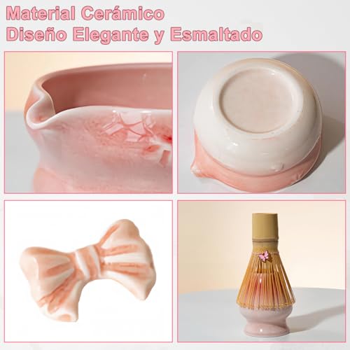 Juego de 8 Batidor de Matcha, Kit Matcha con Tazón Cerámica, Soporte Cerámica, Batidor, Cuchara, Colador, Cucharilla, Porta Cuchara y Paño de Cocina para Hacer Japonés Té Verde Ceremonia Regalo (Rosa)