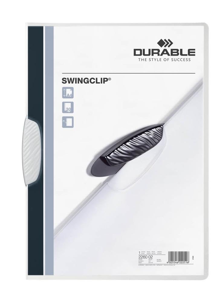 Durable 226002 Clip Folder SwingClip made of PP, Up to 30 Sheets A4, White, Pack of 25