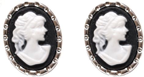 Vintage Style Lady Cameo Stud Earrings Silver Tone (Organza Gift Pouch Included).