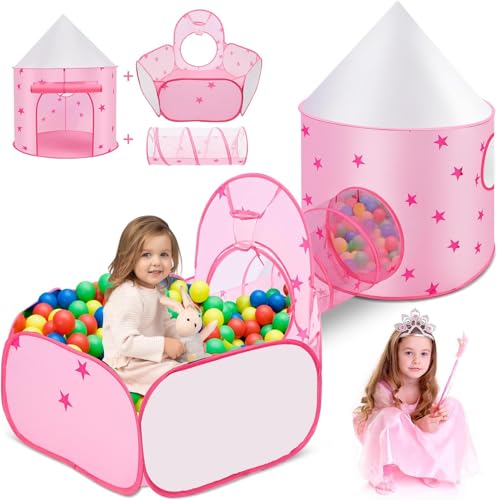 Barraca 3 Em 1 Rosa, Barraca 120*95/Piscina de Bolinha 120*120/Túne 106*47, Acampamento Jogos 3 em 1, Barraca Princesa, Brinquedoteca Casa Ar Livre, Tenda com Piscina de Bolinha（Não Vem com Bolinhas)