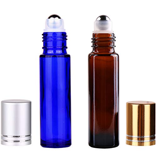 24 Pack (12 Amber+12 Cobalt Blue) Roller Bottles,10ml Thick Glass Roll on Bottle with Big Steel Ball for Essential Oil Perfume + Droppers(3) +Opener(1)+Funnel(1) +Extra Roller Ball(1) +Labels(24)