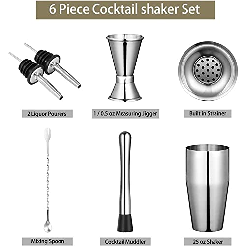 7Pcs Cocktail Shaker Set,Martini Shaker Kit,25oz Drink Shaker With Built ,2 Liquor Pourers,Hawthorne Strainer，A Stirring Spoon,Stainless Steel Double Measuring Jigger,Stainless Steel Bar Tools