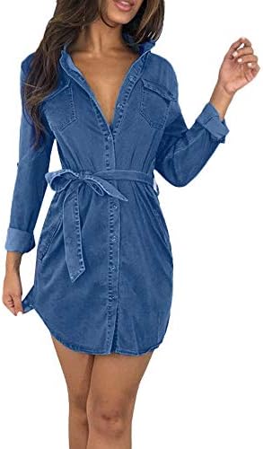 Fashion99 Women Button Down Denim Dress Ladies Belted Jeans Long Top Shirt Dress
