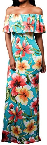 Cekaso Women's Off Shoulder Dress Slim Fit Floral Printed Party Boho Maxi Dress, Green, USsize L=Tagsize XL