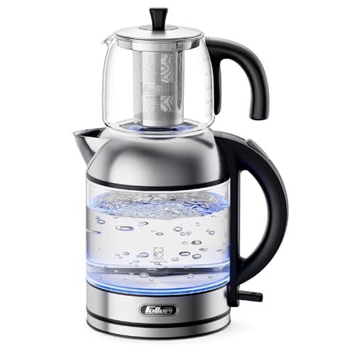 Feller Germany TS289 2-in-1 Tea Maker, 2L German Schott Glass Kettle + 1L Teapot, 2200W Strix Control, Keep Warm, BPA Free, Stainless Steel Filter (Stainless Steel)