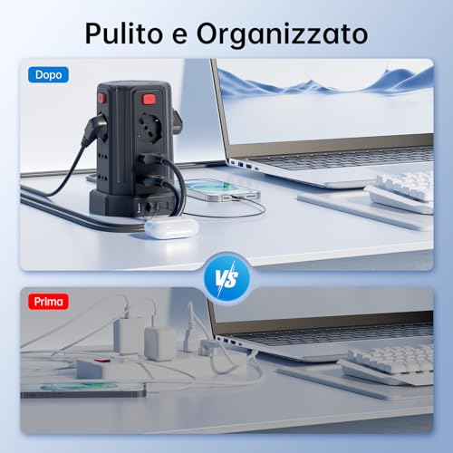 5 Metre Power Strip with 12 Universal Sockets 10/16A ITA and Schuko and 3 USB A+1 USB C Overvoltage Protection with 4 Independent Switches, Black