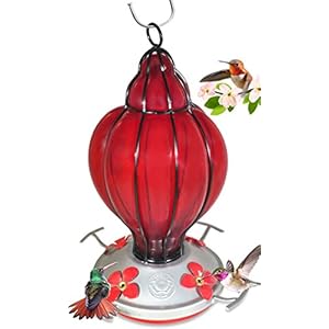 Hand Blown Glass - Red Lantern - Hummingbird Feeder