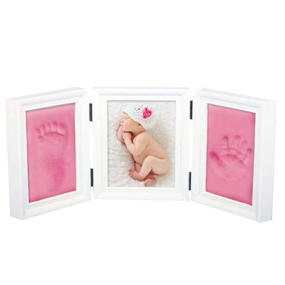 JZK EN71 toy test passed non-toxic child safe, pink clay white wood frames baby girl handprint footprint picture frame kit for newborn party 1st birthday party idea baby shower