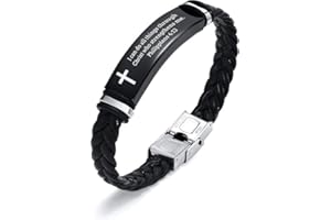 Leather Bracelet Sobriety Gifts for Men : Inspirational Quote/Bible Verse Engraved Braided Black Mens Bracelet for Him, Custo