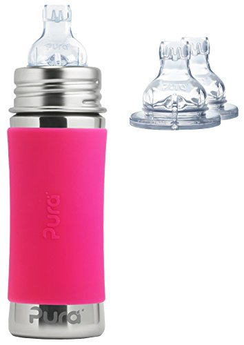 Pura Kiki Stainless Steel 11 Ounce Toddler Sippy Bottle with Pink Silicone Plus 2 Extra XL Sipper Spouts
