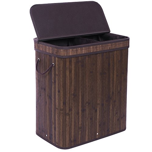 BEWISHOME Divided Bamboo Laundry Hamper Basket w/ Lid Handles and Removable Liner Double Hamper Storage Bin Dirty Clothes Sorter 2 Section Foldable Rectangular, Dark Brown YYL03Z