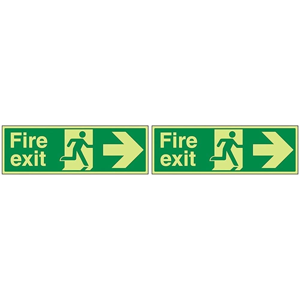 VSafety Glow In The Dark Fire Exit Arrow Right Sign - 450mm x 150mm - Rigid Plastic (Pack of 2) — image 1