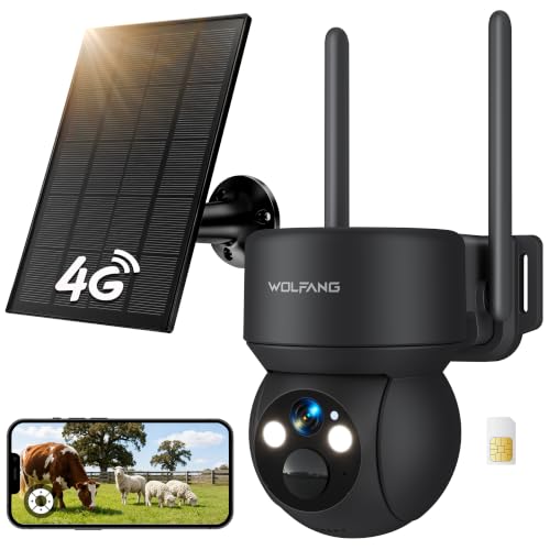 WOLFANG No WiFi Security Camera, 4G CCTV Camera with Sim Card, Camera Wireless Outdoor, Solar Powered, Night Vision, Spotlight, 2K HD, Local Recording, 2-Way Audio, PIR Motion