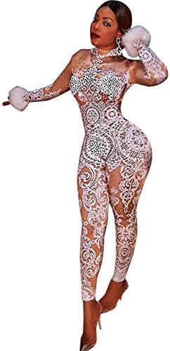 Hotheart Women's Long Sleeve Faux Fur Turtleneck Printed Bodycon Party Sexy Nightclub Jumpsuit Rompers