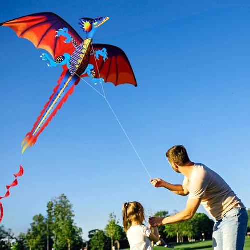 HENGDA KITE-Upgrade Classical Dragon Kite Stereoscopic Dragon Kites for Kids & Adults Easy to Fly for Beginner Easter 55inch x 62inch Single Line with Tail