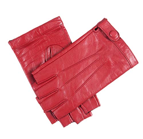 YISEVEN Womenâ€™s Classic Sheepskin Leather Fingerless Gloves Lined Classic Soft Sheepskin 1/2 Half Finger Button Punk Motorcycle Cycling Fitness Touchscreen Warm Winter Glove, Red 8.5"/XXL