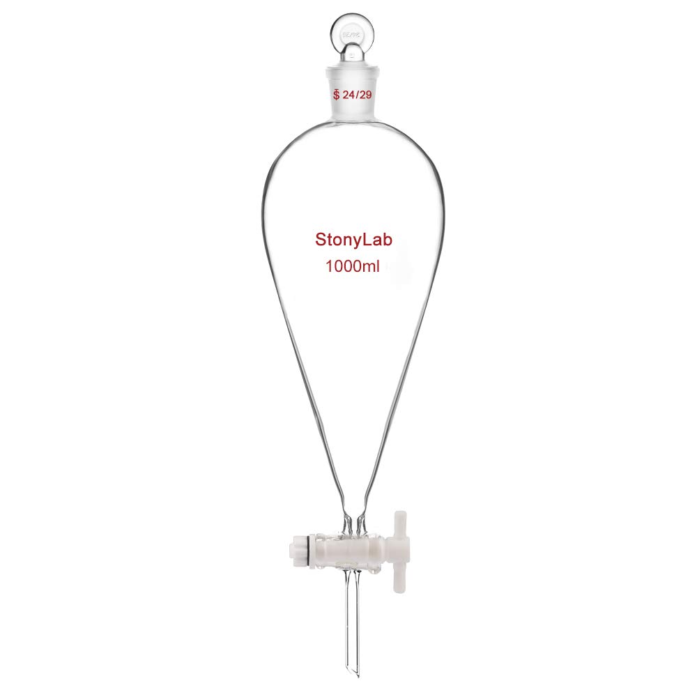 StonyLab 1 L Borosilicate Glass Heavy Wall Conical Pear-Shaped Separatory Funnel with 24/29 Joint