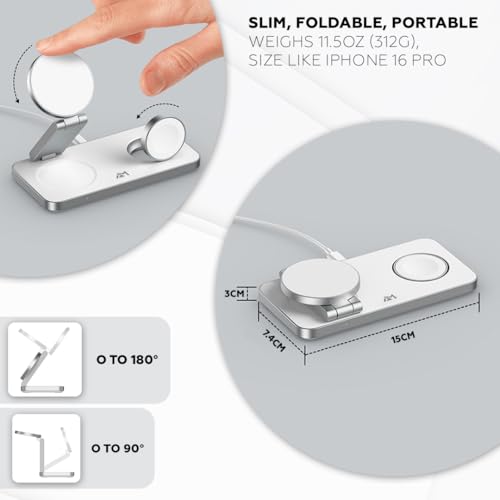 AMROAH Foldable 3 in 1 Wireless Charging Station for Apple Compatible with Magsafe Charger Stand, Magnetic Wireless Charger Station for iPhone 17 16 15 14 13 12, Airpods Pro, Apple Watch (White)