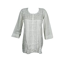 Mogul Interior Women's Tunic Blouse White Embroidered Indian Lucknow Kurti L