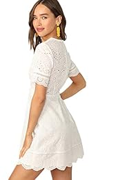 Romwe Vestido de mujer con cuello en V y ojales, manga corta, línea A