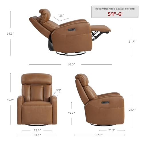 CHITA Leather Power Swivel Recliner Chair for Adults, Triple Motor Electric Rocker Recliner for Living Room with Adjustable Headrest and Lumbar Support, USB & Type-C Charging Ports, Saddle Brown