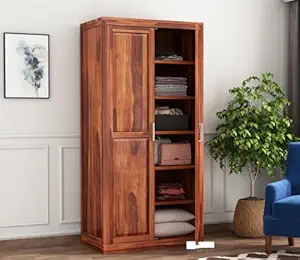 KUSUM HANDICRAFTS Solid Sheesham Wood 2-Door Wardrobe Cupboard Almirah: Elegant Storage Solution for Clothes (Design 29, Large)
