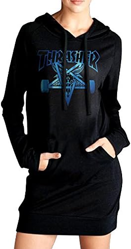 Womens Thrasher Skateboard Hoodie Black Long Sleeve Sweatshirt Dress With Pocket Large