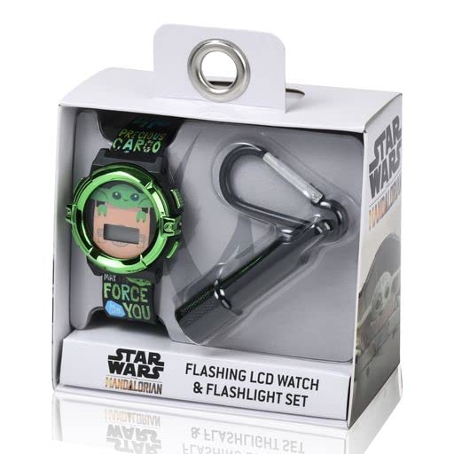 Lucasfilm Star Wars Baby Yoda Kids Digital Watch Set - LED Flashing Light, LCD Watch Display, with Keyshain Flashlight, Kids, Boys Watch, Plastic Strap in Balck (Model: MNL40014AZ)