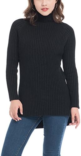 Bello Ragazza Rib Knit Turtleneck Sweater Solid Color Long Sleeve Mockneck Hi Lo Hem One Size (Black)