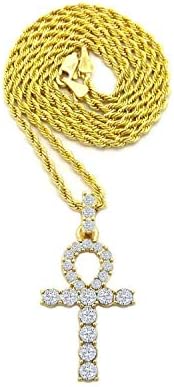 Pyramid JewelerMens Iced Out Egyptian Gold Ankh Cross (Key Of Life) Hip Hop Pendant Rope Chain Necklace (18")