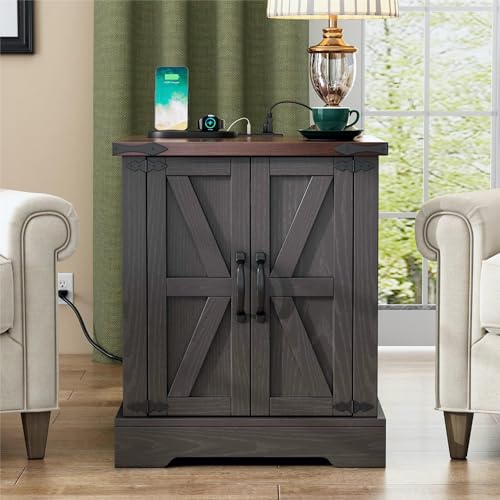 Merax Farmhouse End Table with Charging Station, Rustic Wood Nightstand with Ad…